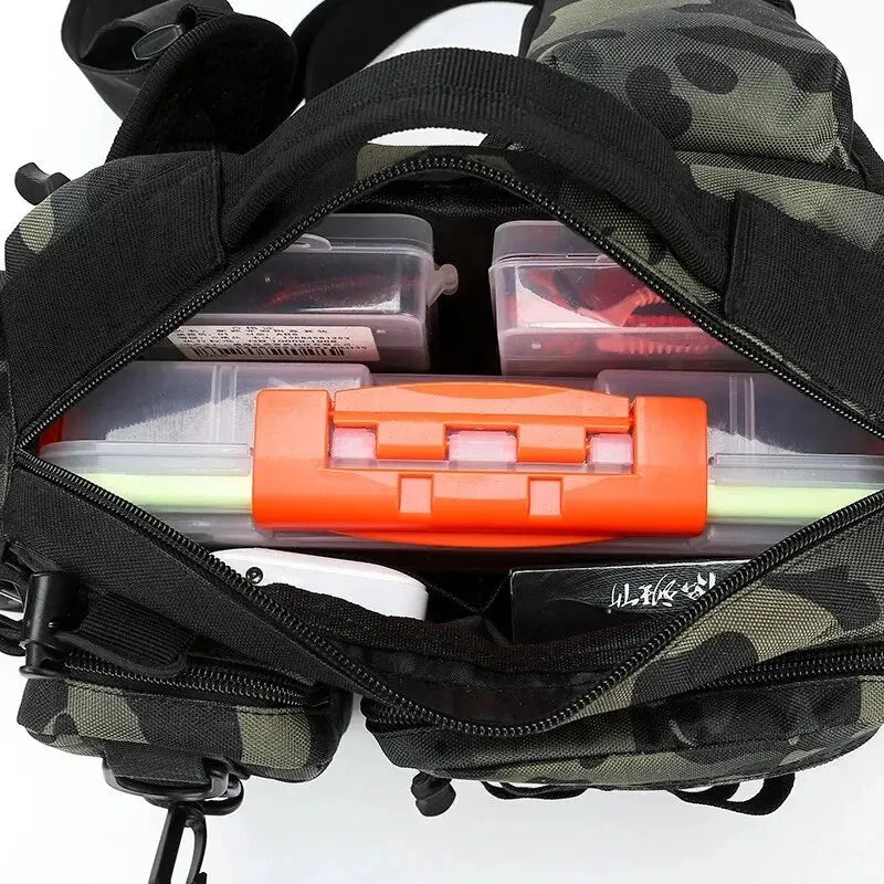 Fishing Tackle Backpack Dark Camouflage Sling Shoulder Bag with Rod Holder Multi Pocket Gear Storage Bag for Fishing and Outdoor Travel