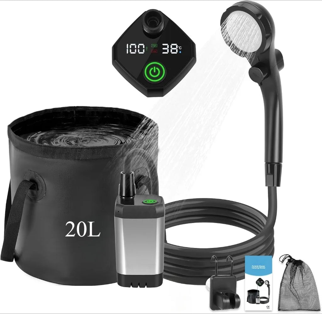 6000mAh Gray Portable Camping Shower Rechargeable Outdoor Shower Kit with 20L Foldable Bucket and Pump
