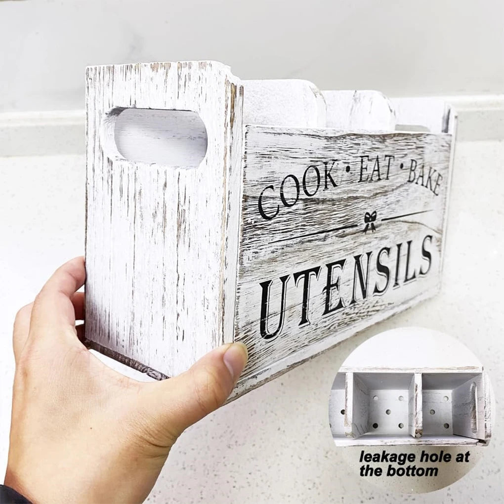 Wooden Utensil Holder White 3 Compartment Kitchen Organizer with Drainage