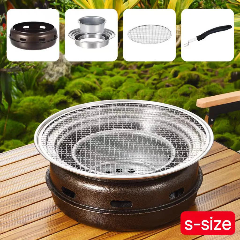 Portable Korean Style Small Round Charcoal BBQ Grill with Hob and Net Tabletop Grill for Camping Picnic and Backyard Cooking