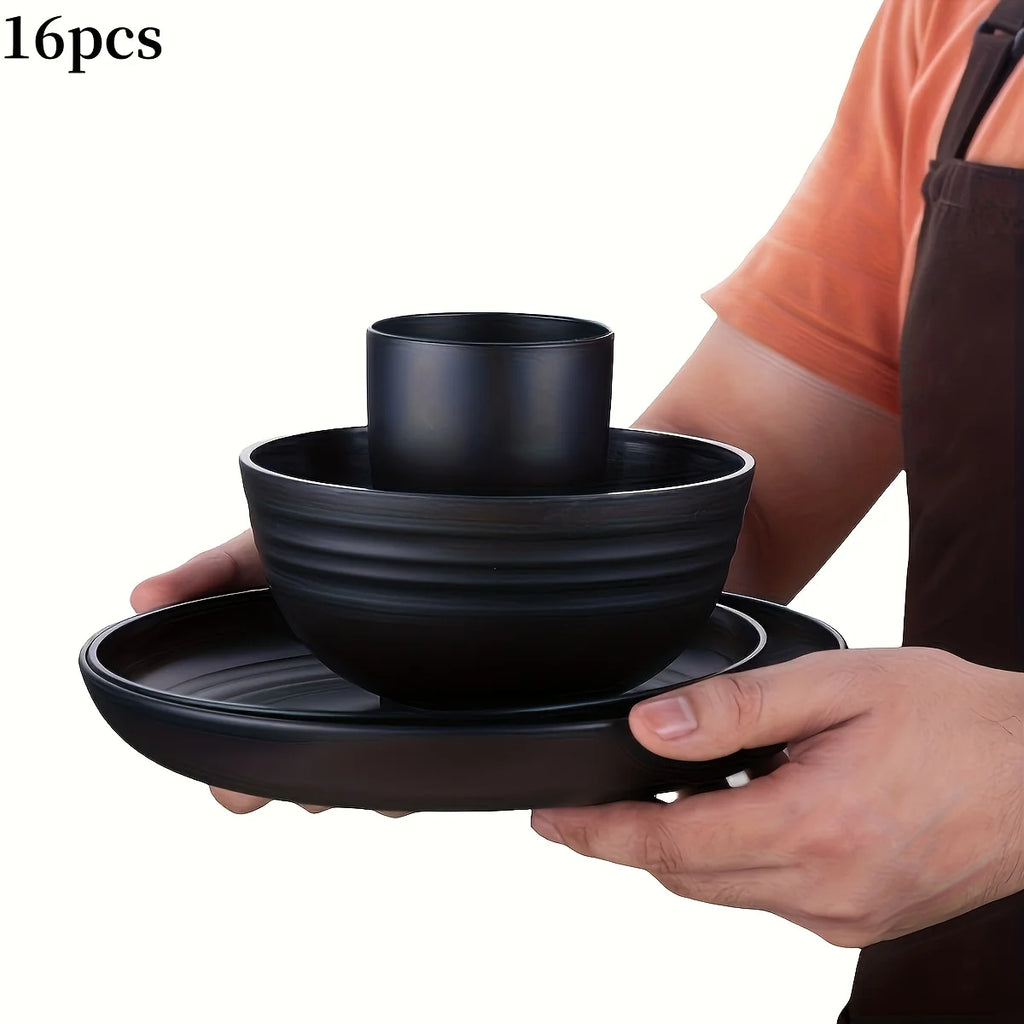 16-Piece Unbreakable Plastic Dinnerware Set with Plates Bowls and Cups Microwave & Dishwasher Safe Black Tableware Set