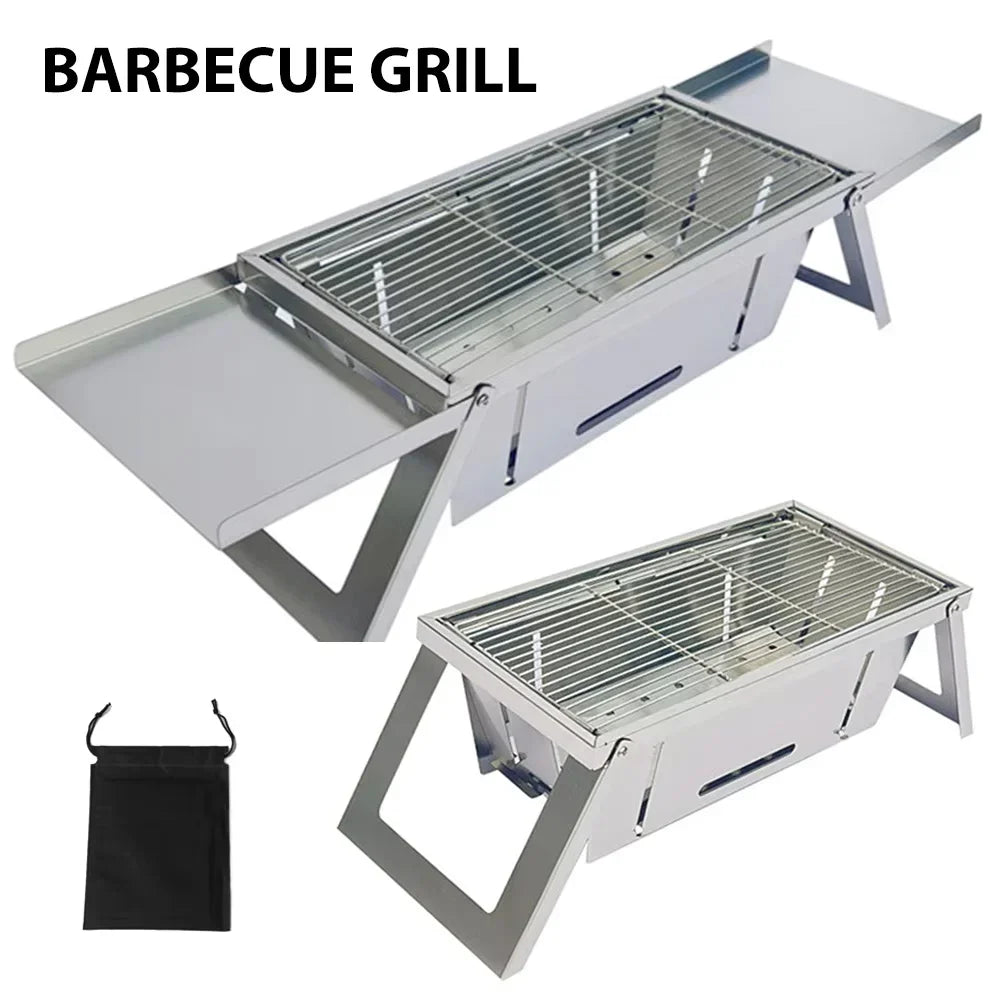 Portable Charcoal BBQ Grill Folding Stainless Steel Barbecue with Side Shelves Carry Pouch and Heat Resistant Mitten
