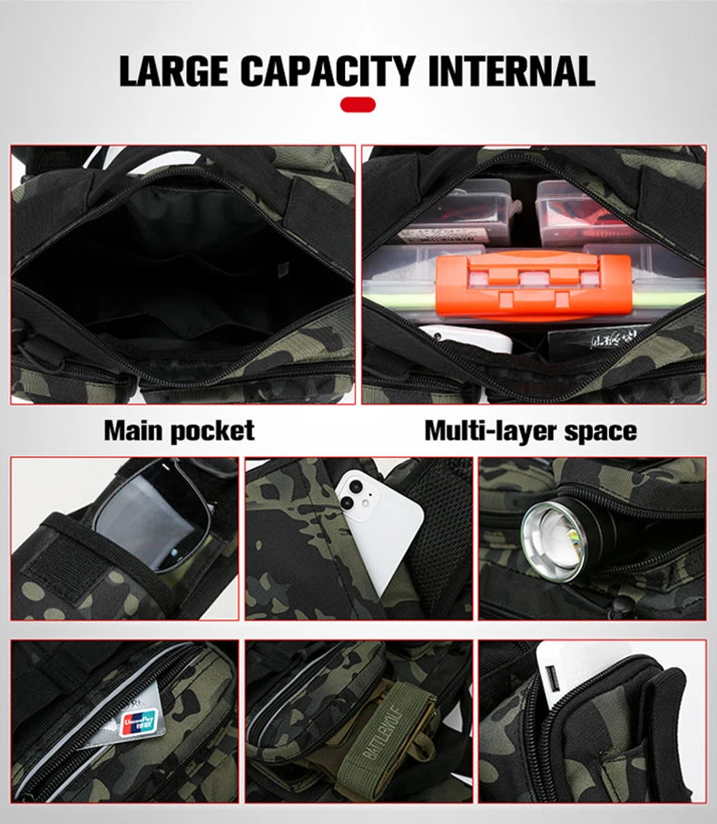 Fishing Tackle Backpack Dark Camouflage Sling Shoulder Bag with Rod Holder Multi Pocket Gear Storage Bag for Fishing and Outdoor Travel