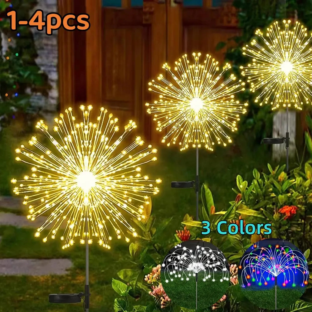 4 Piece Solar Firework Lights 90 LED Warm White Waterproof Garden Stake Light for Outdoor Decoration