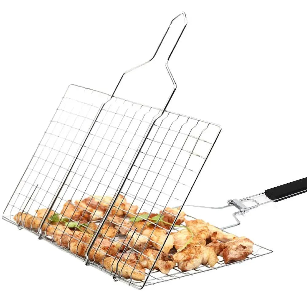 Stainless Steel BBQ Grill Basket with Foldable Handle for Meat Fish Vegetables