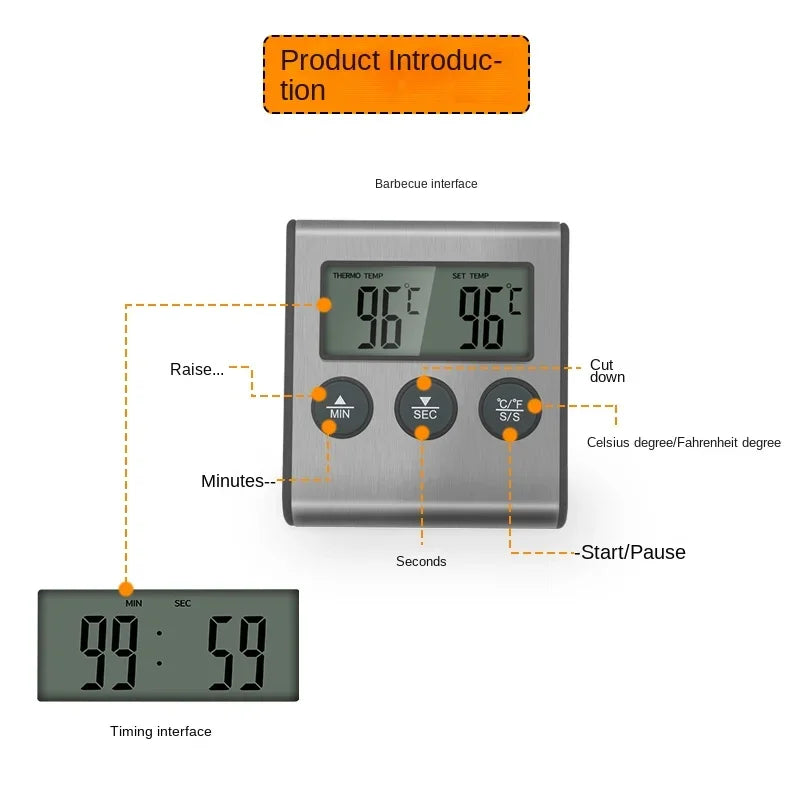 Digital Kitchen Thermometer with Stainless Steel Probe for BBQ Grill Oven Meat Cooking