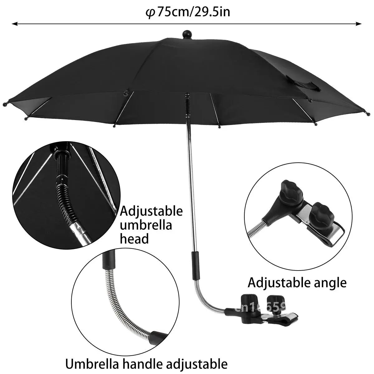 75cm Black Clip On Beach Umbrella 360 Degree Adjustable UV Sun Shade for Camping Chairs