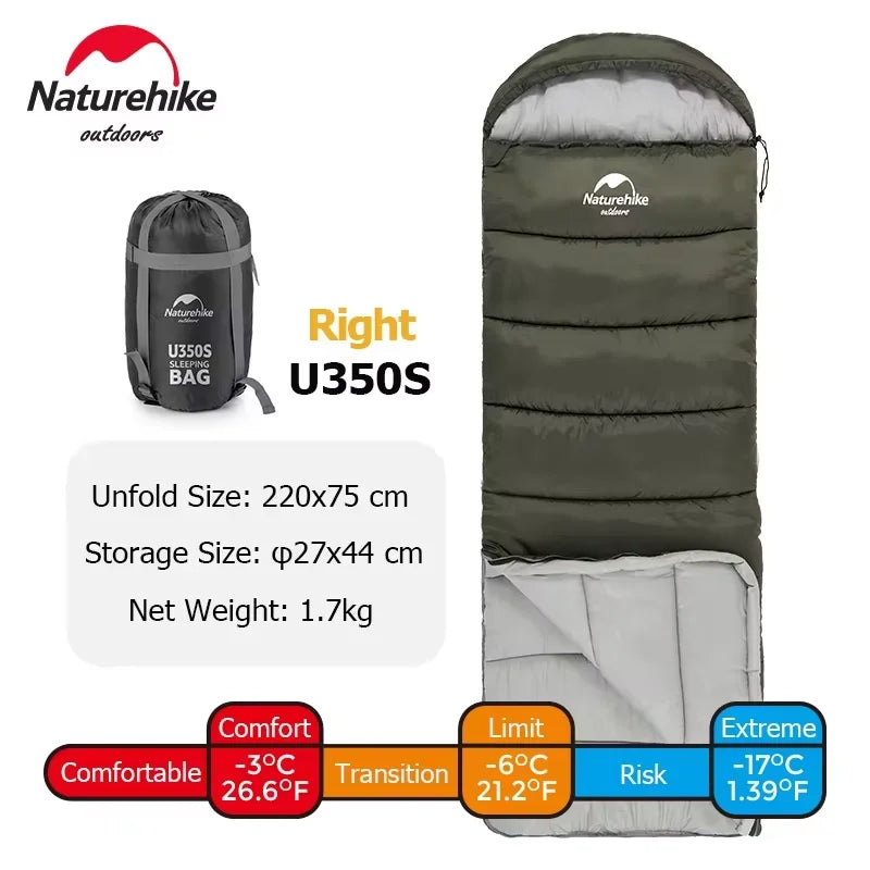 350g Cotton Filled Envelope Green Right Zip Winter Sleeping Bag for Camping Hiking Trekking and Outdoor Travel