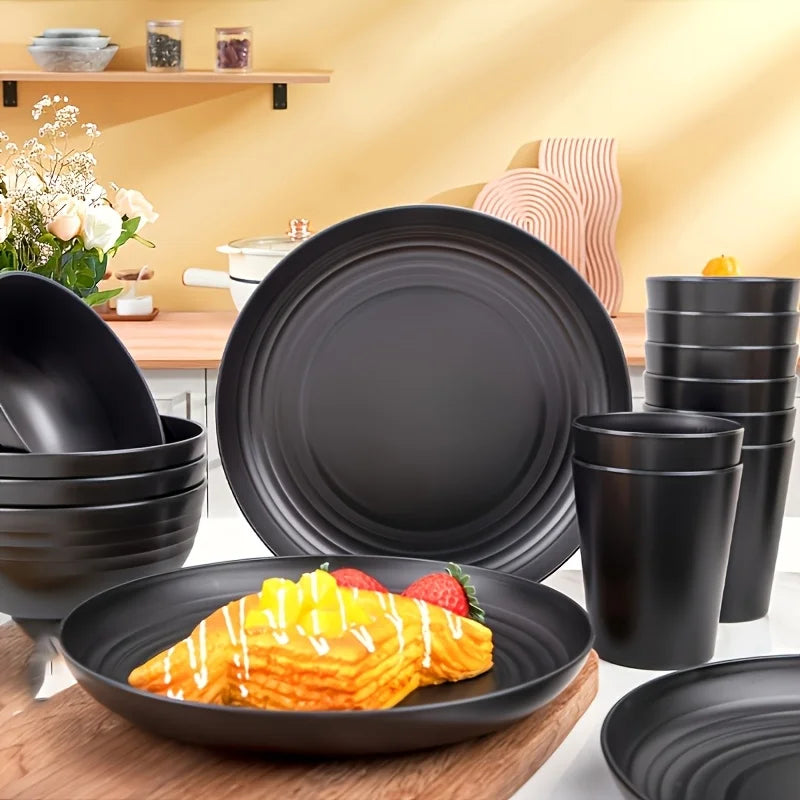 16-Piece Unbreakable Plastic Dinnerware Set with Plates Bowls and Cups Microwave & Dishwasher Safe Black Tableware Set