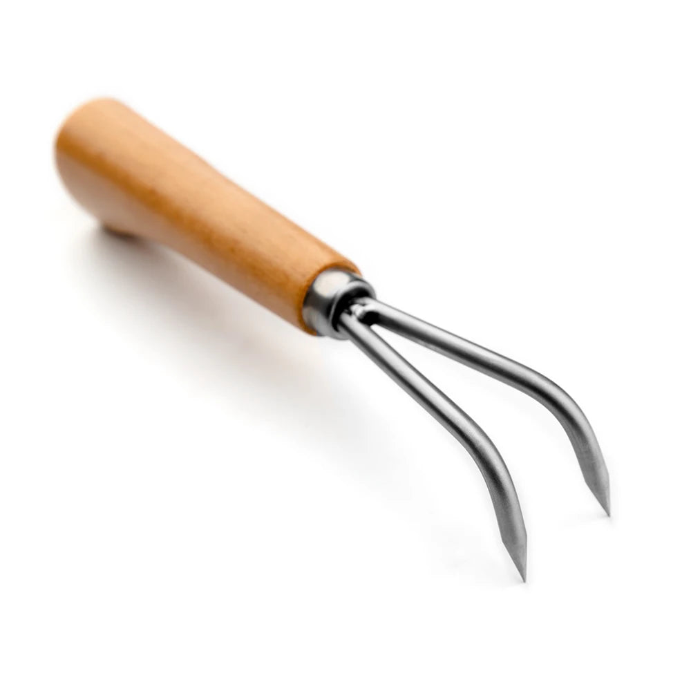 Two Hook Bonsai Root Hook Wooden Handle Alloy Steel Soil Loosening Tool for Repotting and Weeding