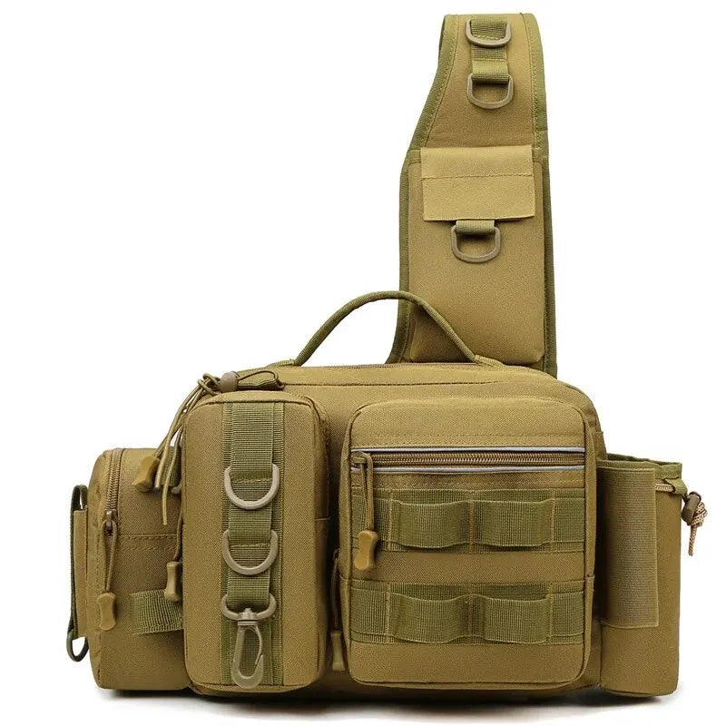 Fishing Tackle Backpack Khaki Sling Shoulder Bag with Rod Holder Multi Pocket Gear Storage Bag for Fishing and Outdoor Travel