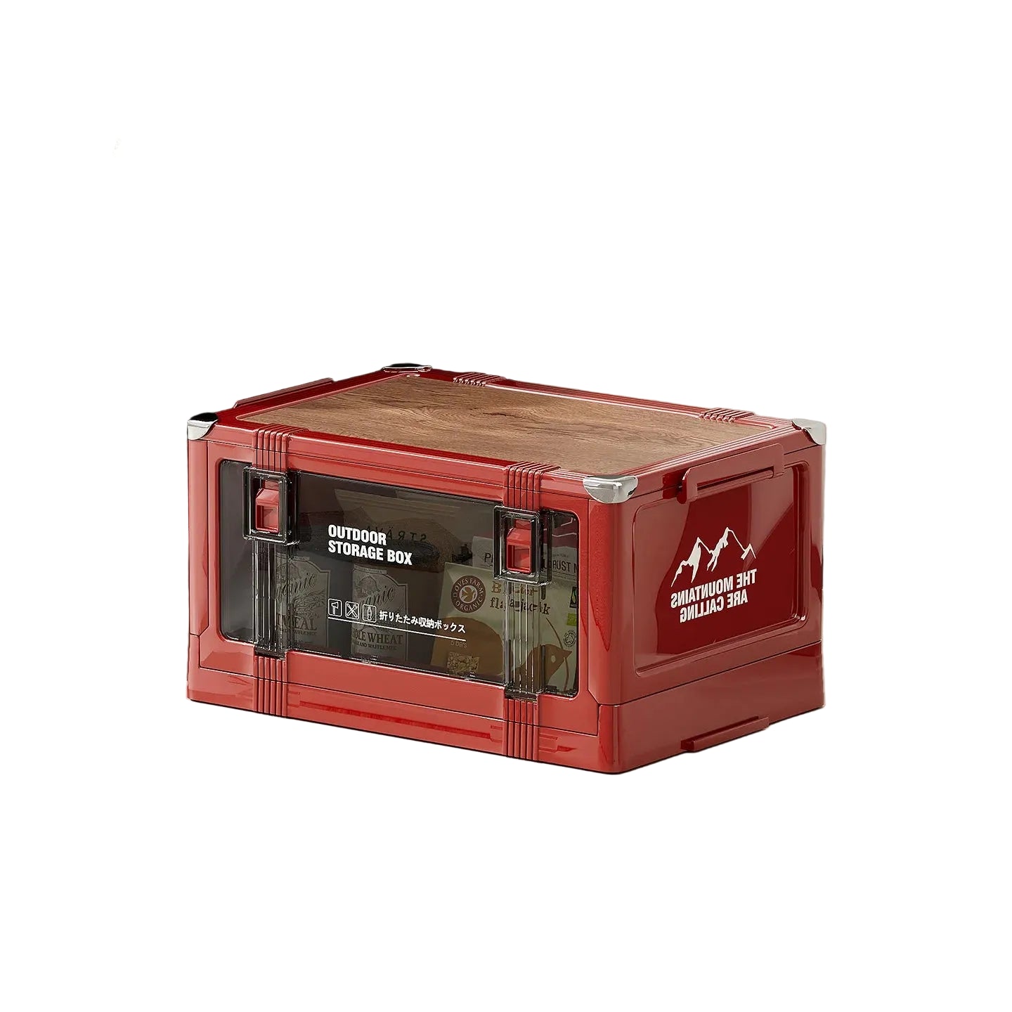 Foldable Small Red Camping Storage Box with Wooden Lid Stackable Car Trunk Organizer