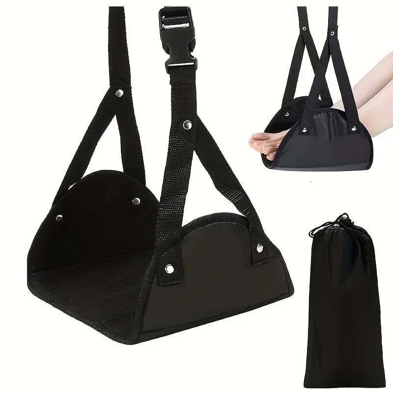 1 Piece Portable Adjustable Black Foot Hammock for Airplane Car and Office Hanging Leg Support with Storage Bag