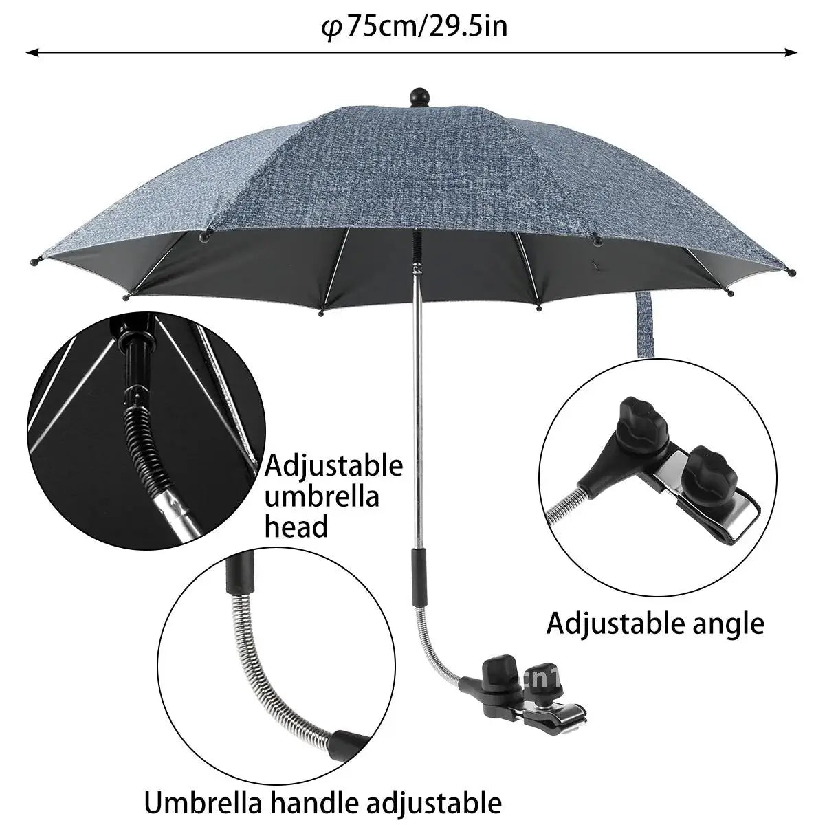 75cm Denim Blue Clip On Beach Umbrella 360 Degree Adjustable UV Sun Shade for Camping Chairs