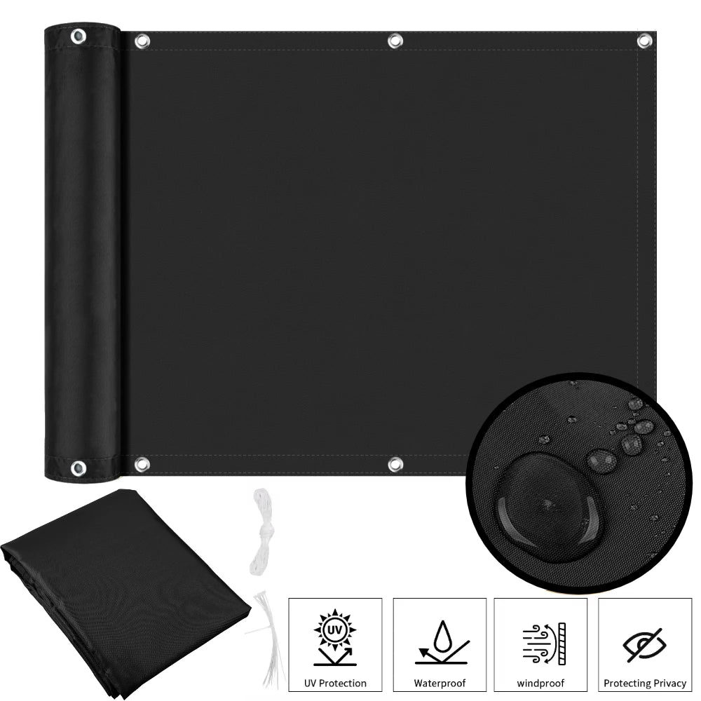 Waterproof Balcony Privacy Screen Black 90 × 600 cm Fence Cover with 95% UV Protection for Patio Garden and Deck