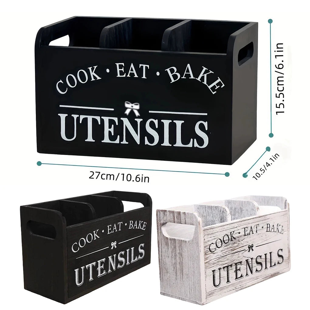 Wooden Utensil Holder Black 3 Compartment Kitchen Organizer with Drainage