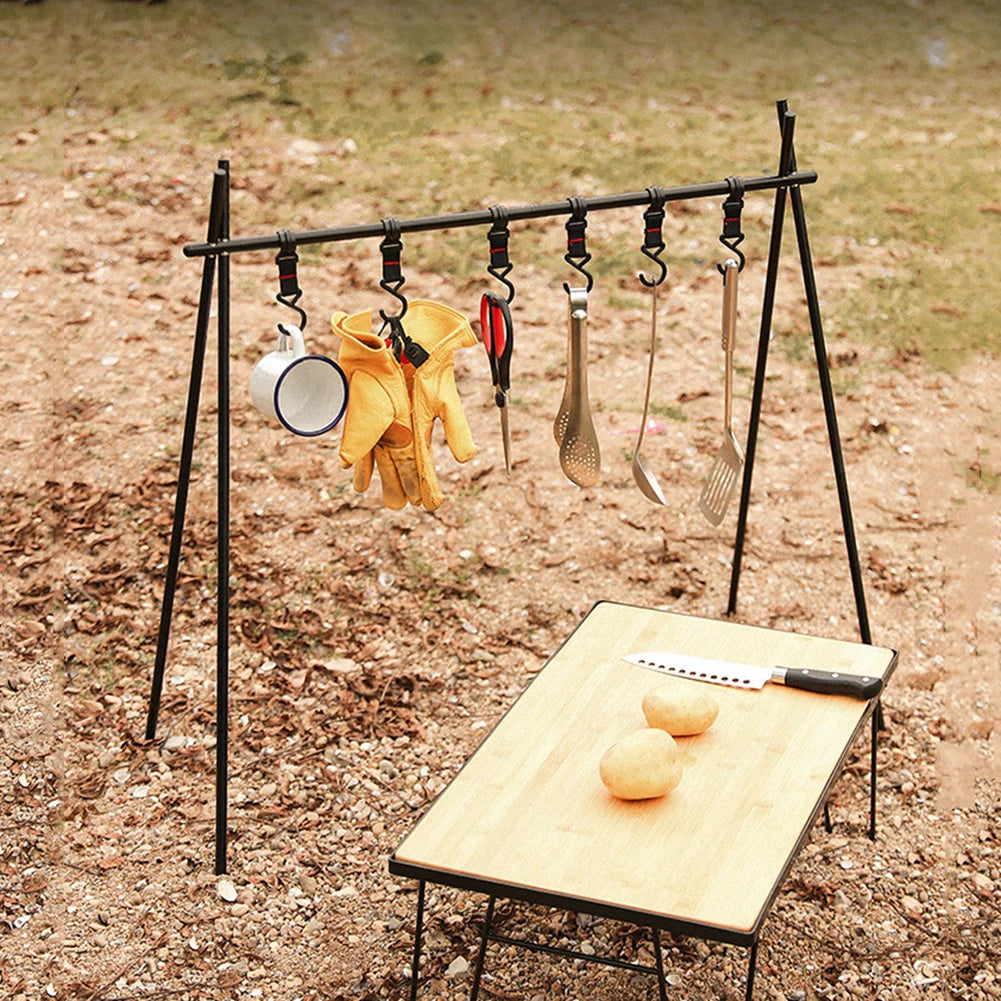 Portable Small Camping Hanging Rack Foldable Aluminum Alloy Cookware Storage Rack with Hooks for BBQ Hiking and Picnic