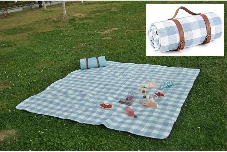 150x200cm Foldable Blue Plaid Picnic Blanket Waterproof Outdoor Mat with Leather Handle for Beach Camping Travel