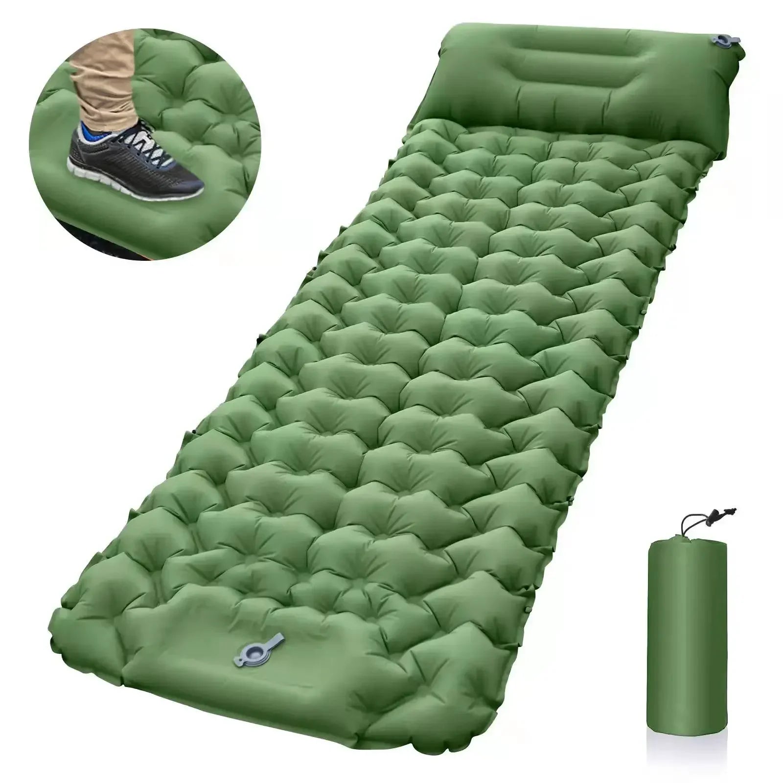 Ultralight Inflatable Green Camping Sleeping Pad with Built-In Foot Pump and Pillow for Hiking Backpacking Travel