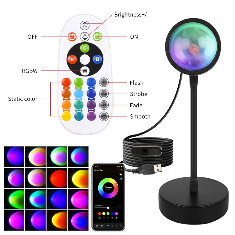 Smart RGB Sunset Projection Lamp with App Control Remote and USB Powered Mood Lighting