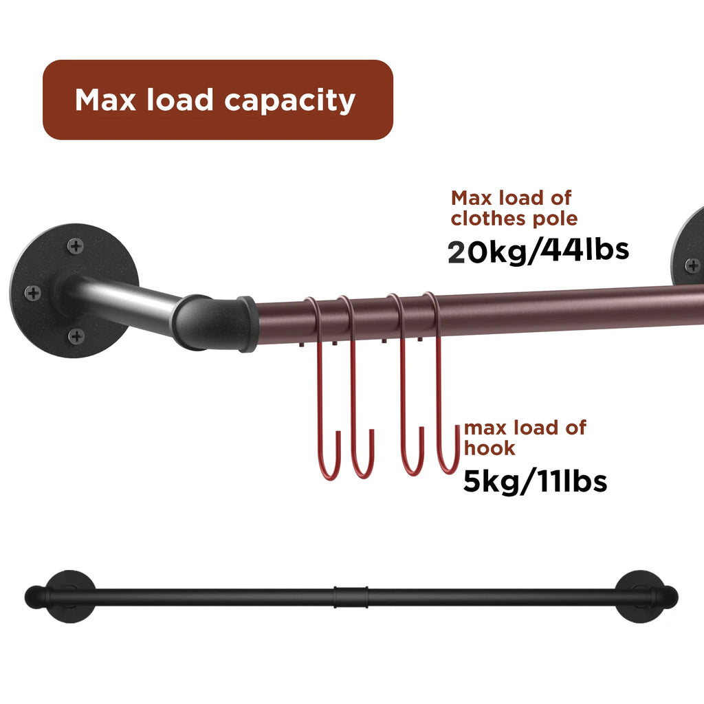 2 Pack Industrial Pipe Clothes Rack Wall Mounted Garment Rail with Hooks Black Metal