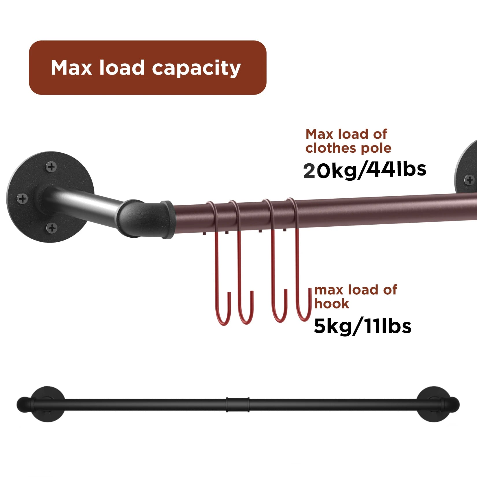 2 Pack Industrial Pipe Clothes Rack Wall Mounted Garment Rail with Hooks Black Metal
