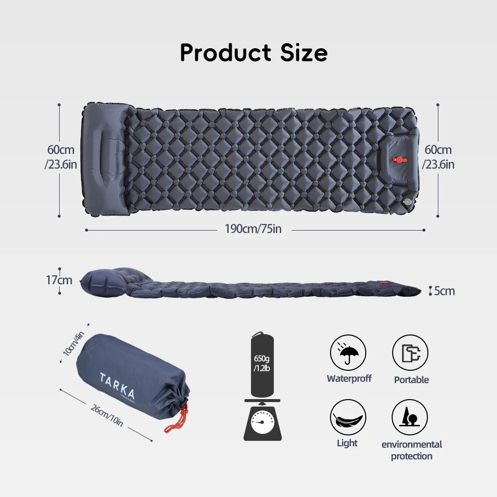 Inflatable Navy Blue Camping Mat with Built In Air Pump Pillow for Hiking Trekking Travel and Outdoor Use