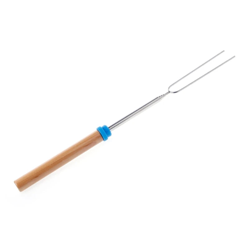 Telescoping BBQ Roasting Stick Stainless Steel Campfire Fork with Wood Handle