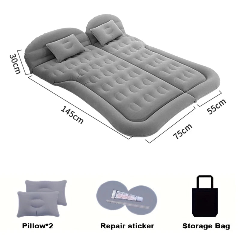 Inflatable Gray Double Car Travel Mattress Bed with Pillows for Back Seat Camping Road Trips and Outdoor Adventures