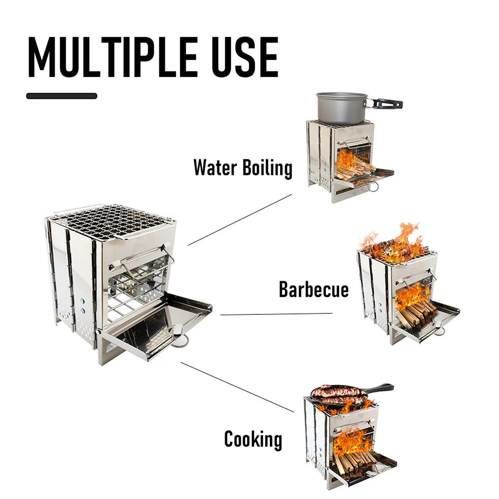 Foldable Camping Wood Stove Stainless Steel Portable Mini Grill for Outdoor Cooking