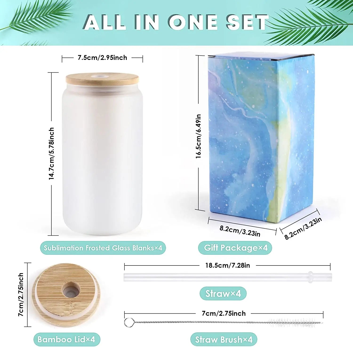 4 Piece 16oz Frosted Glass Tumblers with Bamboo Lid DIY Sublimation Cups Set
