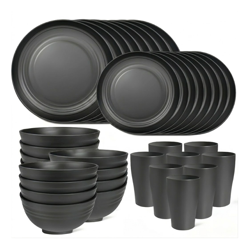 16-Piece Unbreakable Plastic Dinnerware Set with Plates Bowls and Cups Microwave & Dishwasher Safe Black Tableware Set