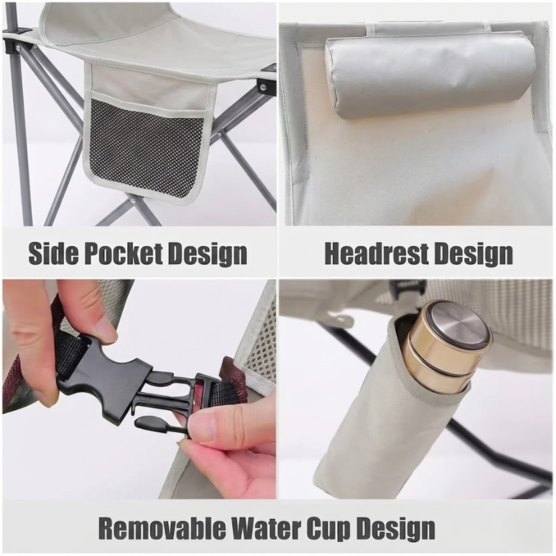 Portable Folding Camping Chair Beige with Headrest Lightweight Aluminium Outdoor Chair