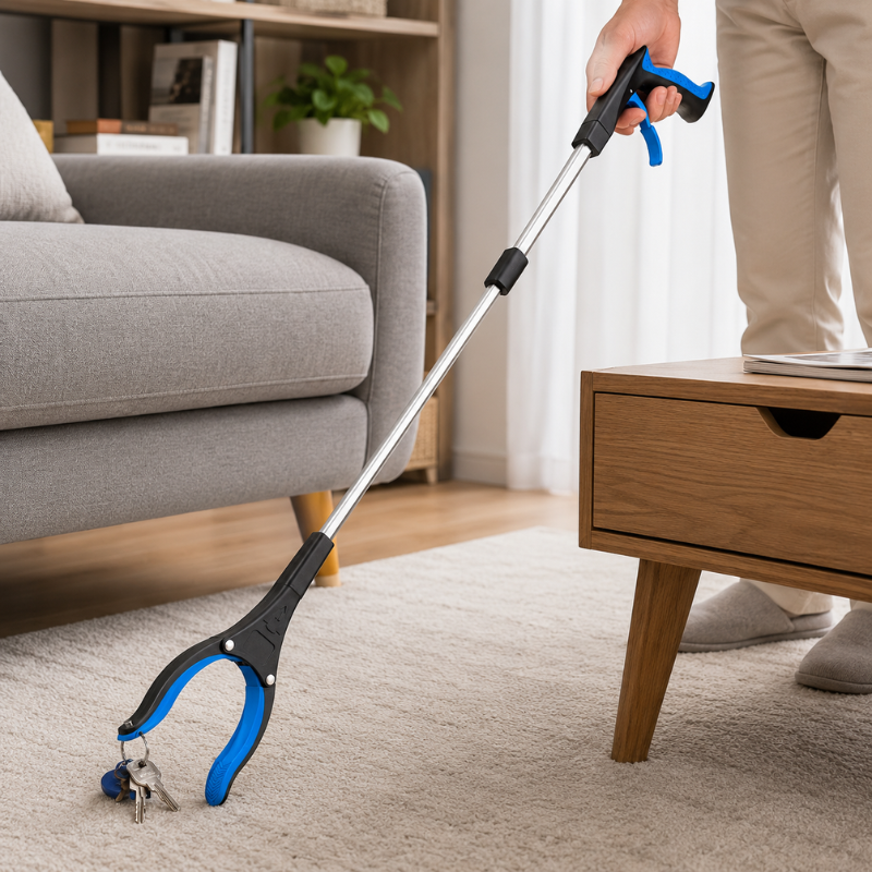32 Inch Blue Heavy Duty Garbage Grabber with 360° Rotating Clamp Foldable Reaching Tool