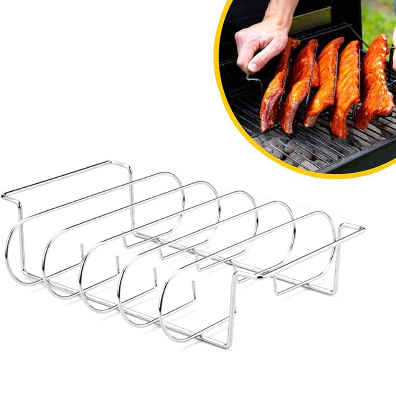 Silver BBQ Rib Rack Roasting Stand Holds 4 Ribs for Grill Oven