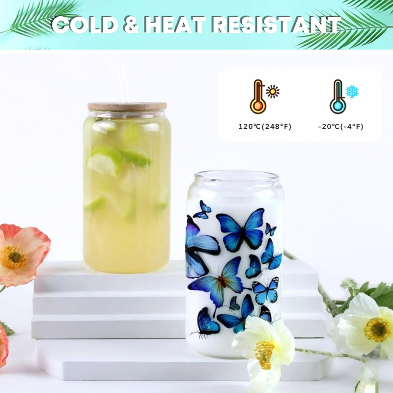 4 Piece 16oz Clear Glass Tumblers with Bamboo Lid DIY Sublimation Cups Set