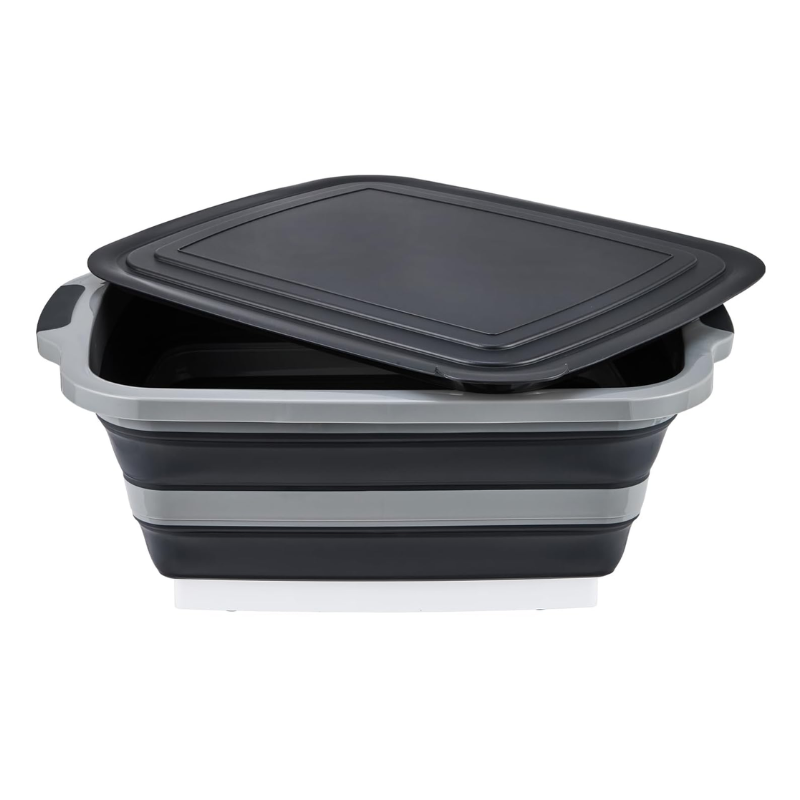16L Collapsible Black Food Prep Tub with Cutting Board Drain Plug for Camping BBQ and Outdoor Use