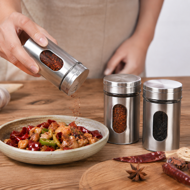 Stainless Steel Spice Shaker Seasoning Storage Jar with Viewing Window for Salt Pepper Herbs