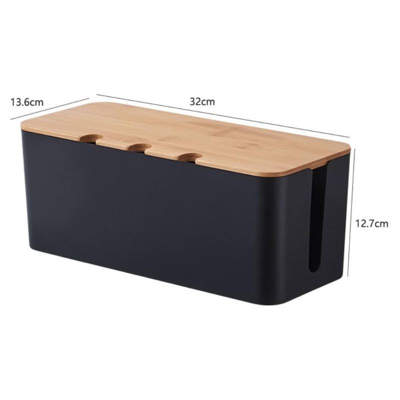 Medium Cable Management Box Black with Wooden Style Cover Cord Organizer