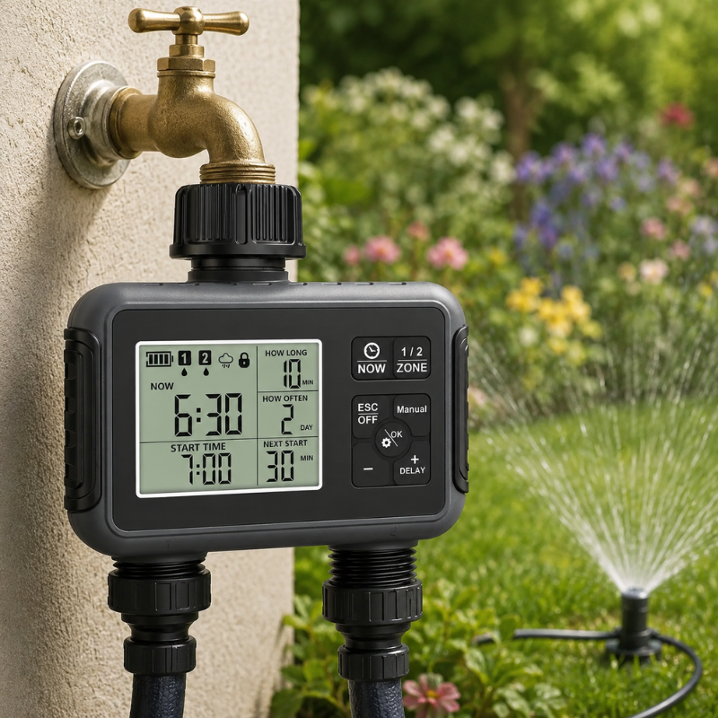2-Zone Programmable Garden Hose Timer IPX5 Watering Controller for Lawn Yard