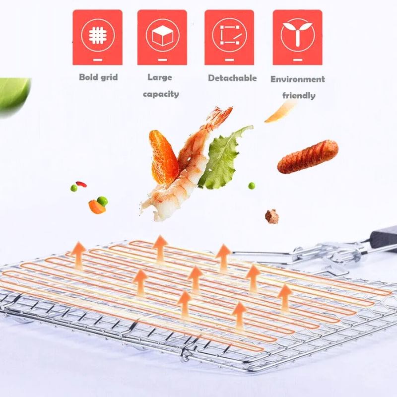 Stainless Steel BBQ Grill Basket with Foldable Handle for Meat Fish Vegetables