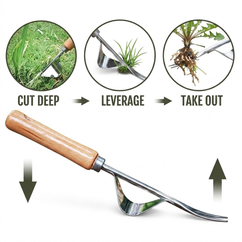 Stainless Steel Manual Garden Weeder Hand Weed Puller Tool with Wooden Handle
