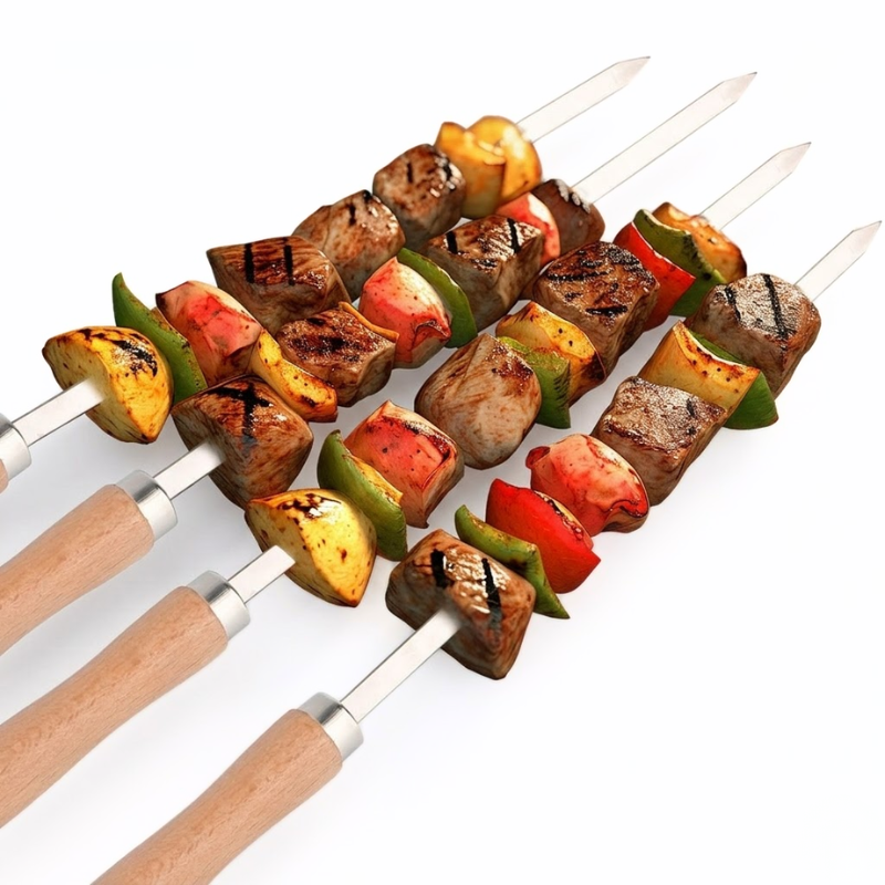 6 Piece Stainless Steel BBQ Skewers with Wooden Handles Grilling Set