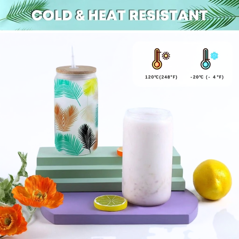 4 Piece 16oz Frosted Glass Tumblers with Bamboo Lid DIY Sublimation Cups Set